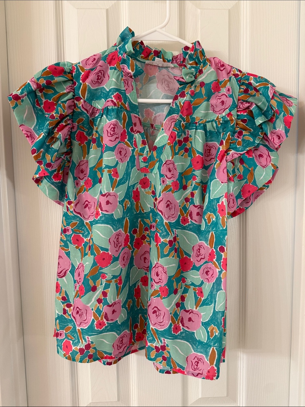 THML Floral Ruffle Sleeve Blouse - Teal & Pink